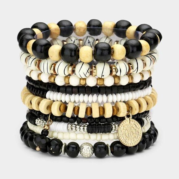 10PCS - Coin Charm Wood Multi Beaded Stretch Bracelets - Picture 1 of 8